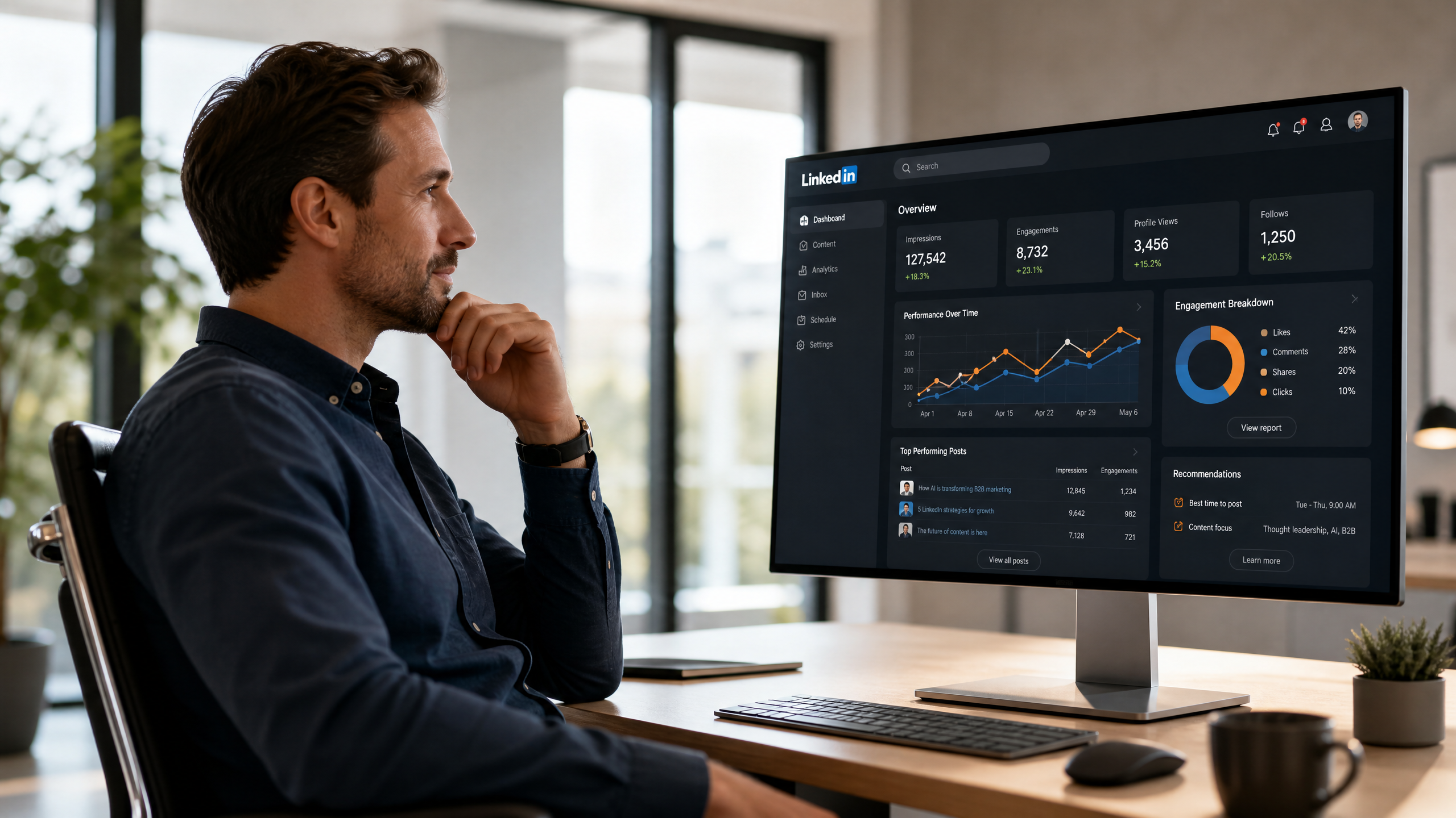 Business professional using RedactAI LinkedIn dashboard
